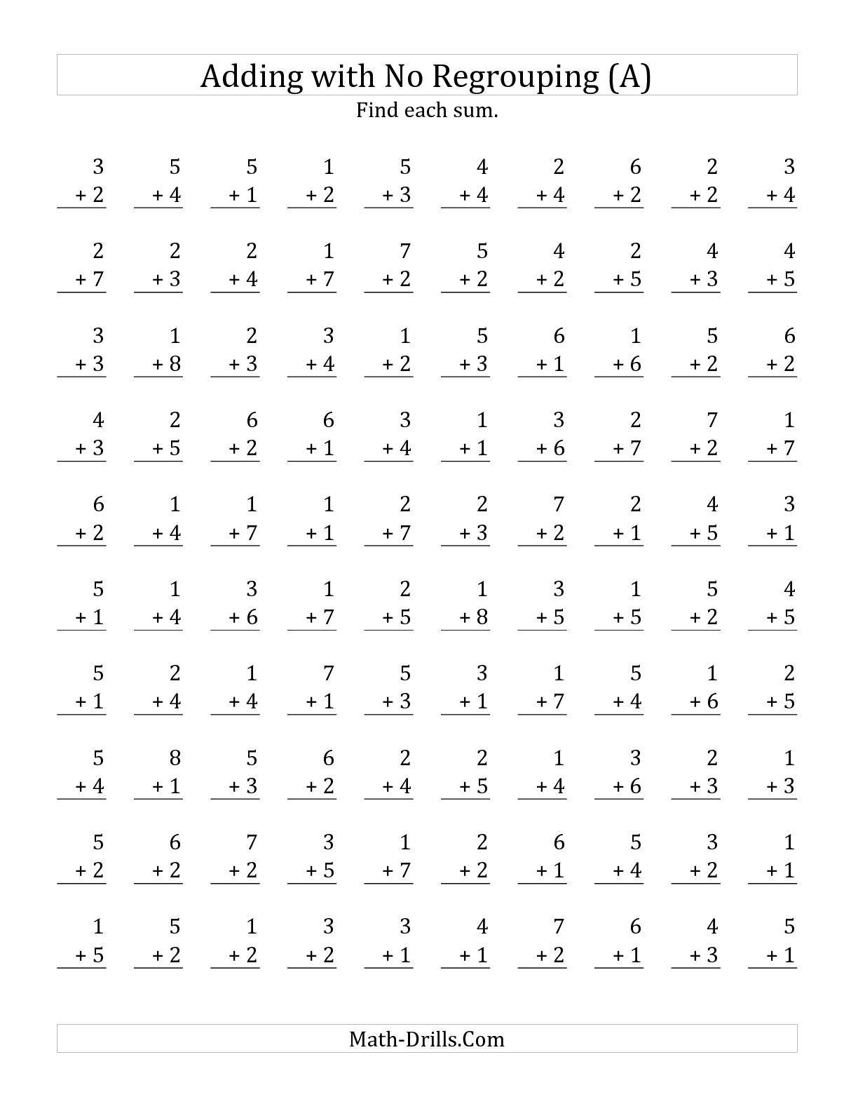 100 Single-Digit Addition Questions With No Regrouping (A within Multiplication Worksheets One Digit