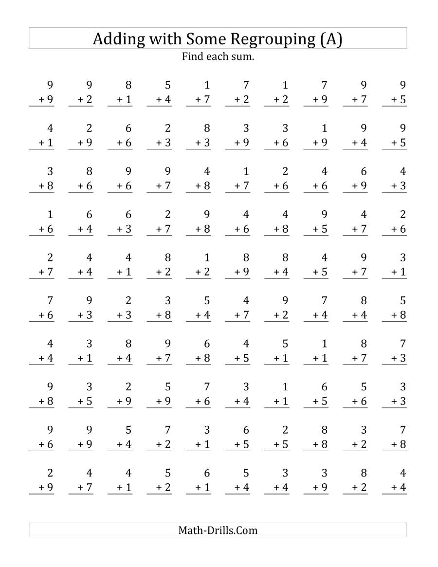 100 Single-Digit Addition Questions With Some Regrouping (A) throughout Multiplication Worksheets Drills