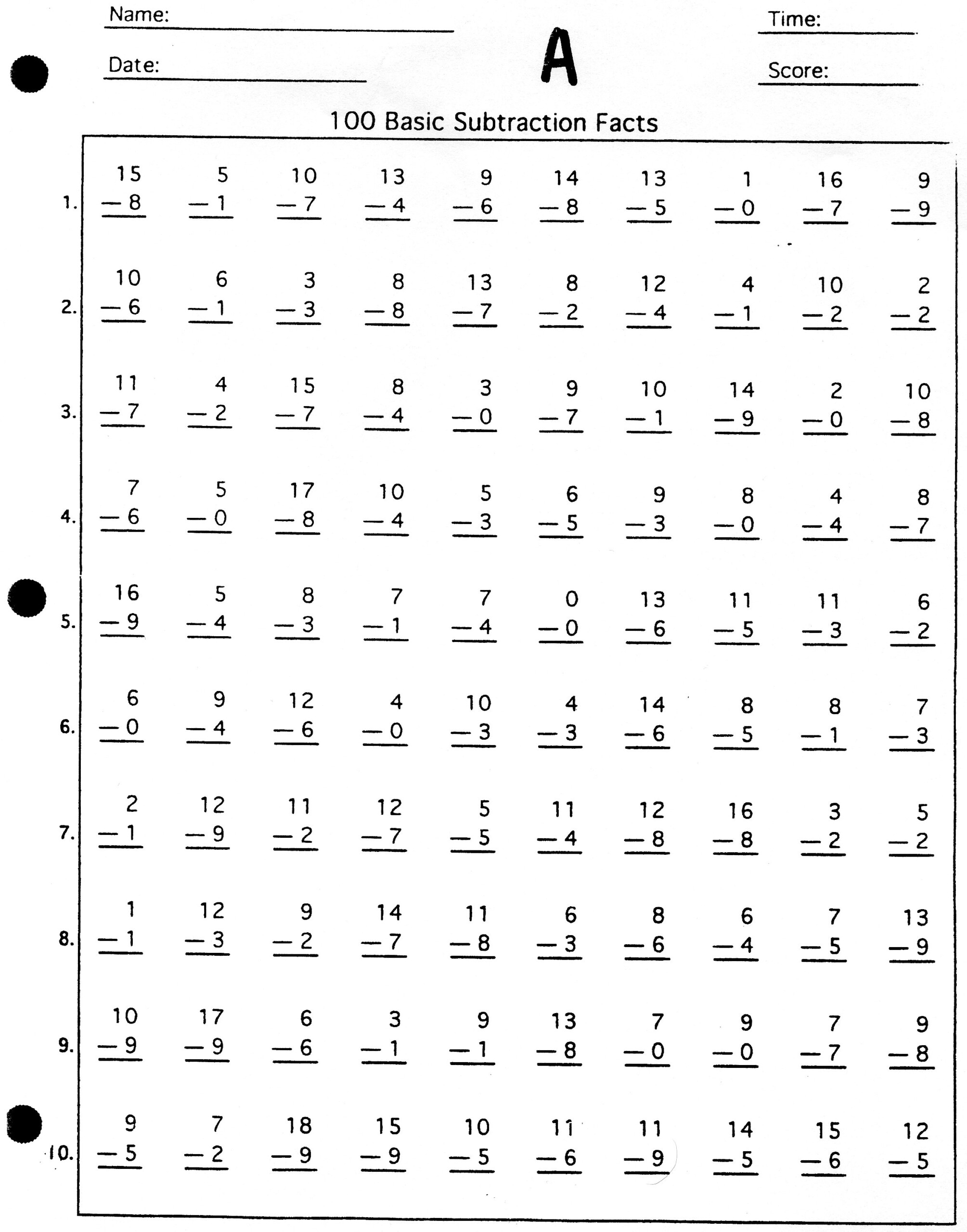 100 Subtraction Math Facts Practice inside Printable Multiplication Facts Practice
