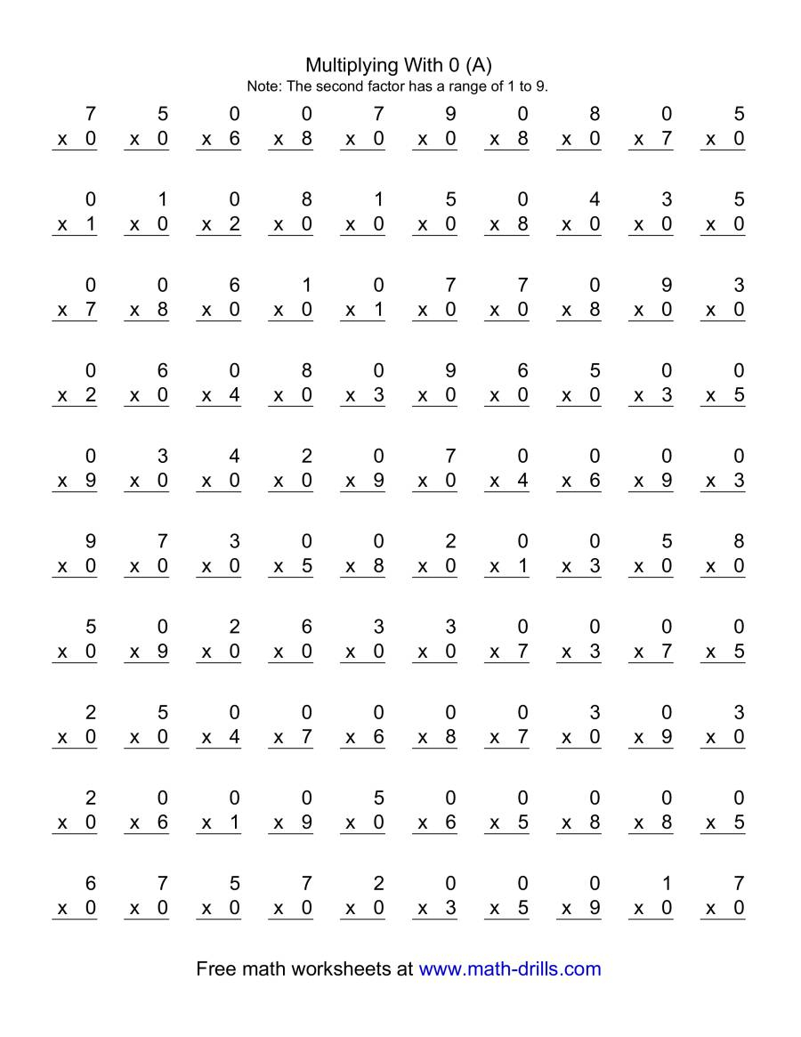 100 Vertical Questions — Multiplication Facts — 01-9 (A) in Printable Multiplication Test 0-9 100 Vertical Questions -- Multiplication Facts -- 01-9 (A) in Printable Multiplication Test 0-9
