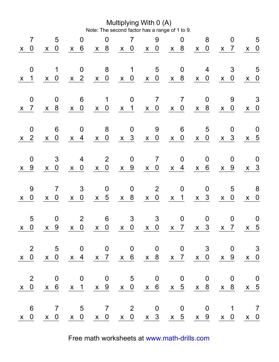 100 Vertical Questions -- Multiplication Facts -- 01-9 (A) in Printable Multiplication Test 0-9