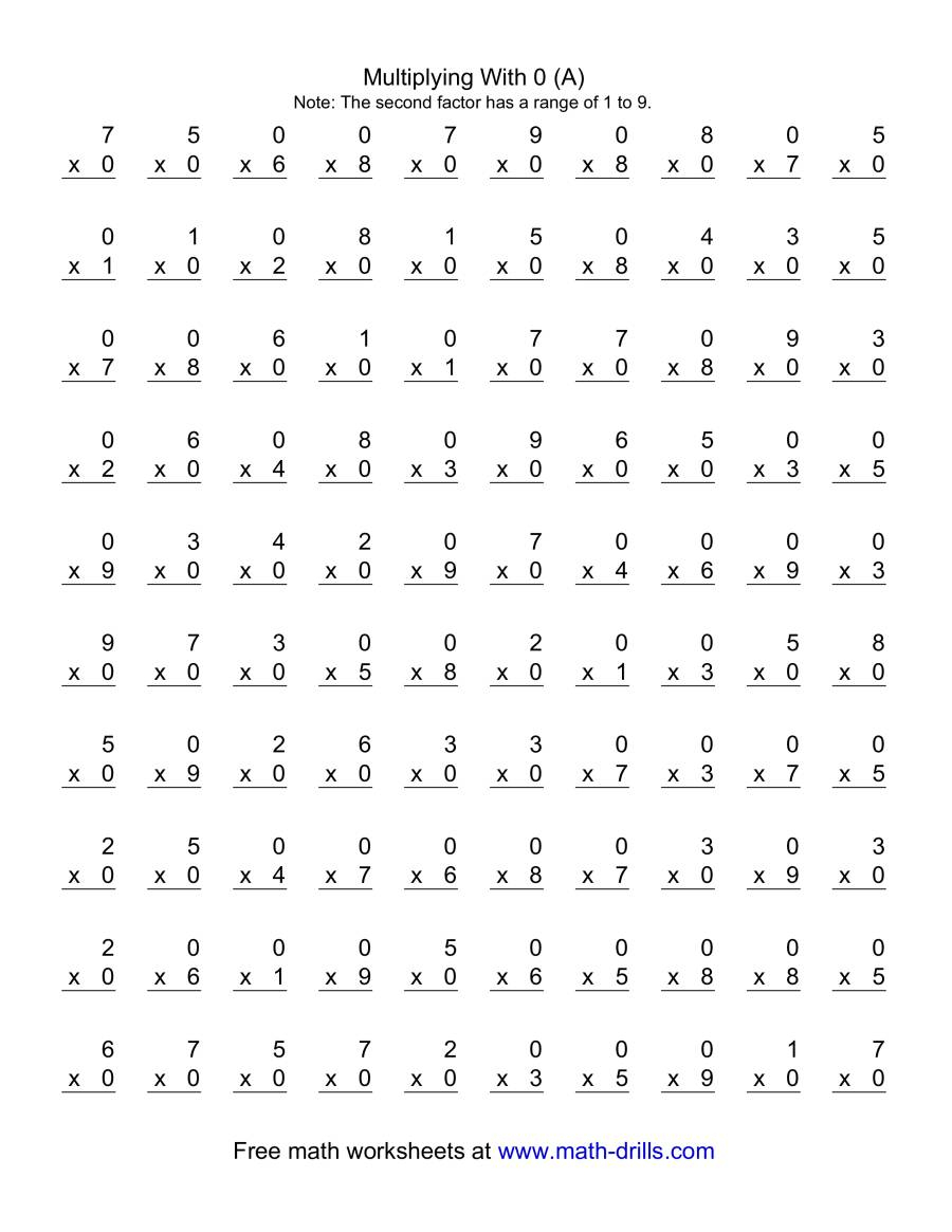 100 Vertical Questions -- Multiplication Facts -- 01-9 (A) within Printable Multiplication Worksheet 0 And 1