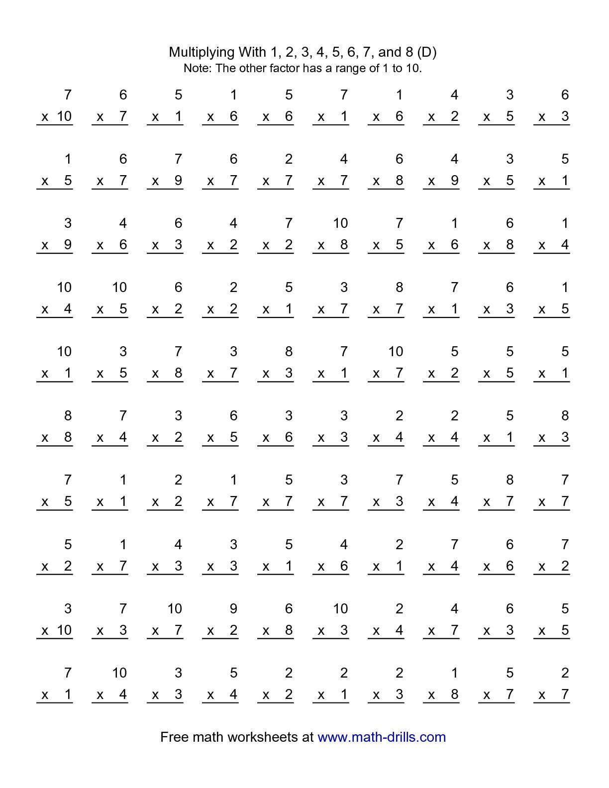 100 Vertical Questions -- Multiplication Facts -- 1-81 intended for Multiplication Worksheets 5 6 7