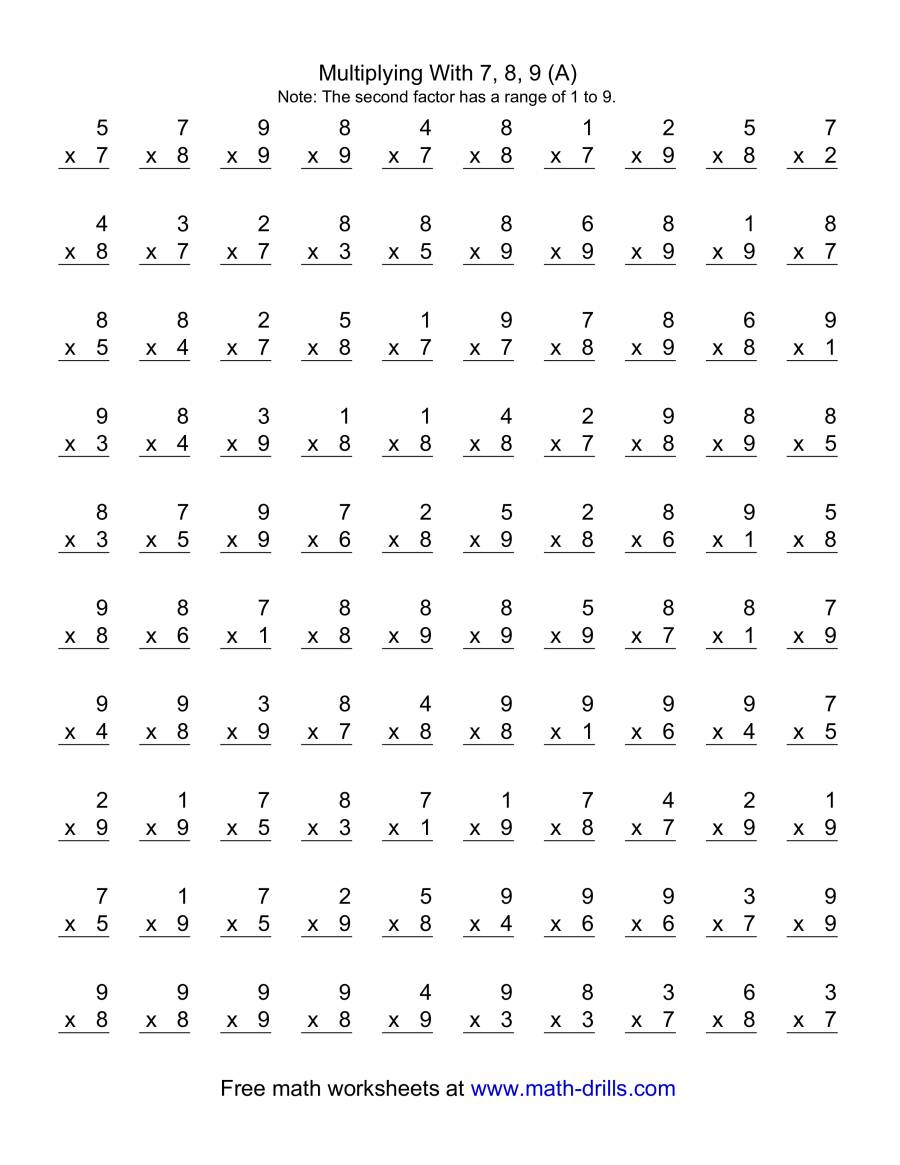 100 Vertical Questions -- Multiplication Facts -- 7-91-9 (A) inside Multiplication Worksheets X9