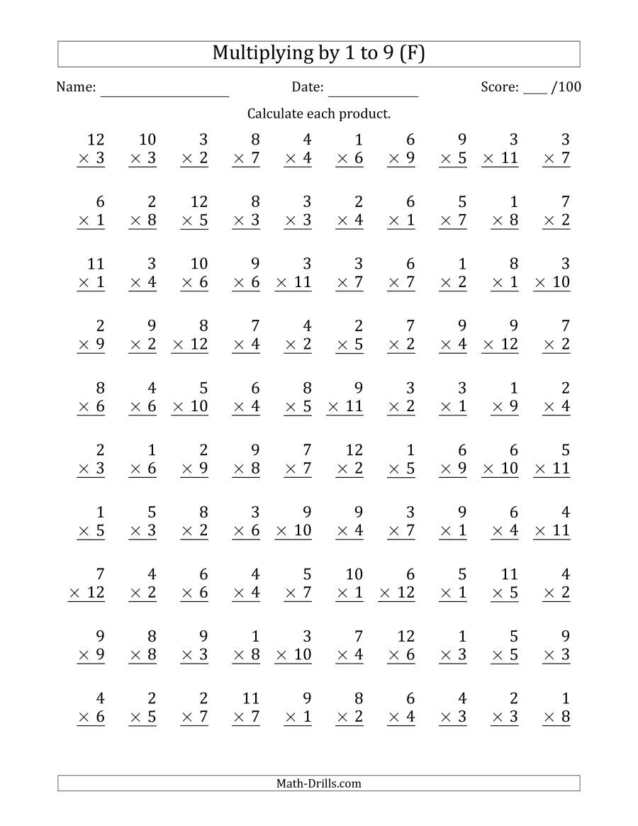 100 Vertical Questions -- Multiplying 1 To 121 To 9 (F) regarding Multiplication Worksheets 5-9