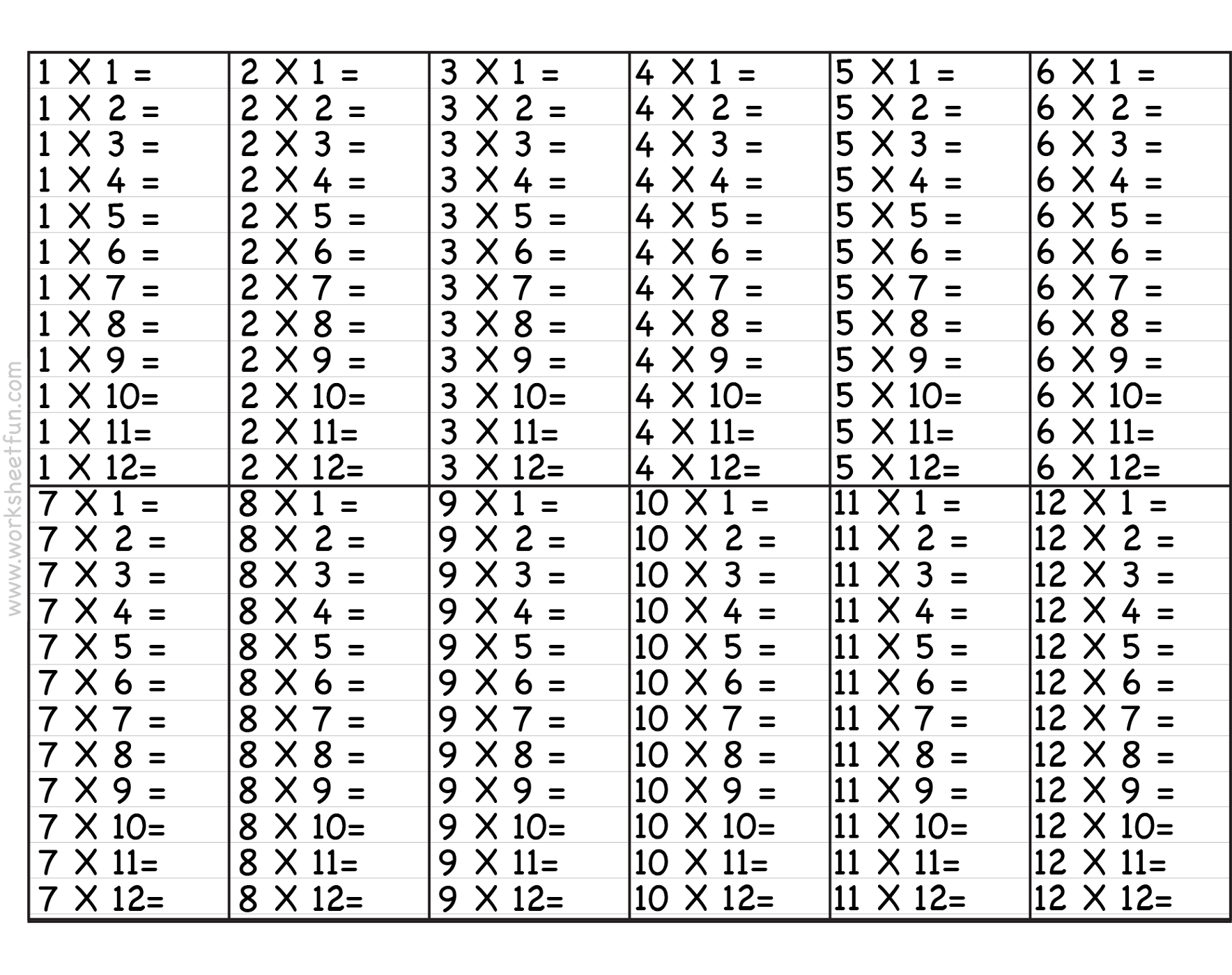 12 Times Tables Worksheets | Multiplication Chart intended for Printable 9 X 9 Multiplication Table