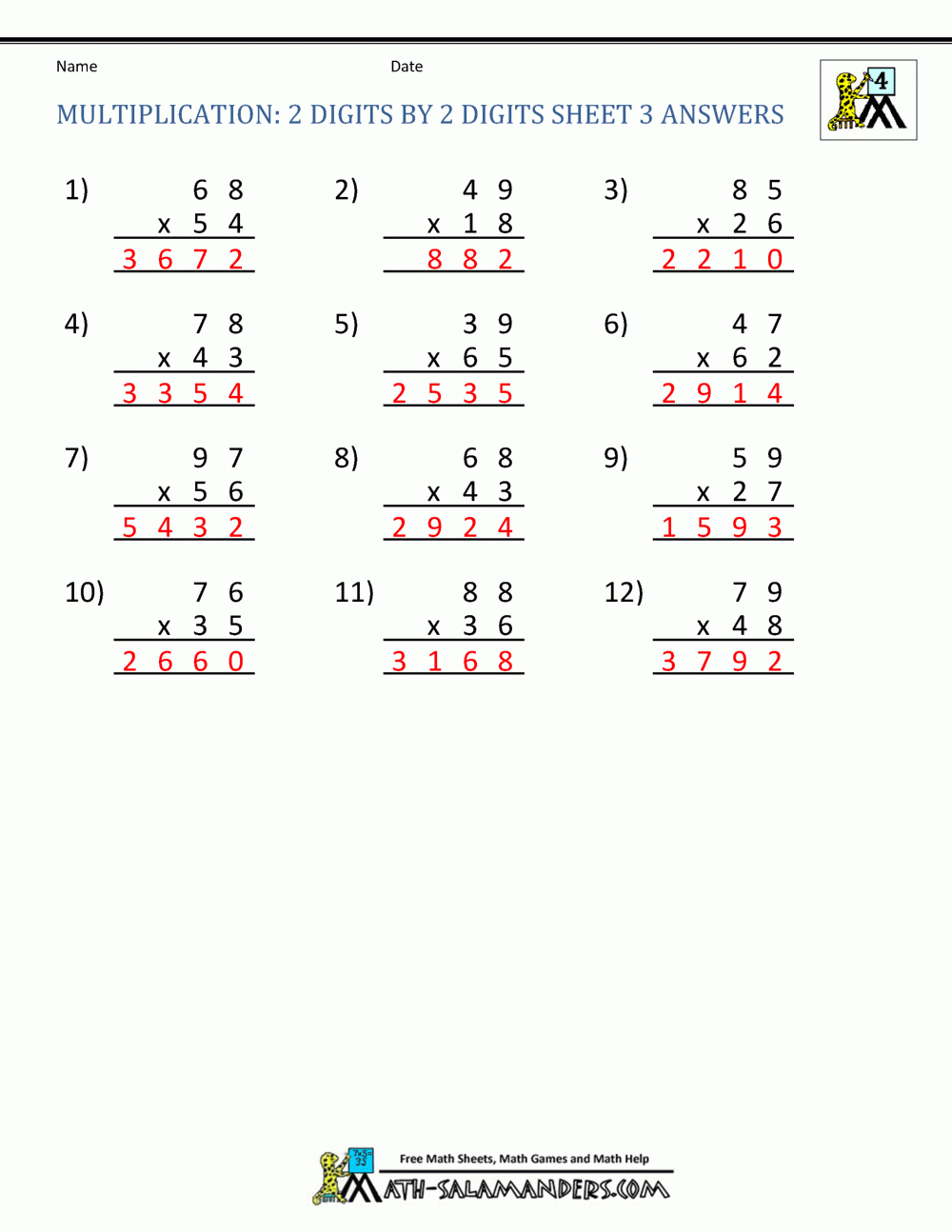 2 Digit Multiplication Worksheet for Printable 2 Digit Multiplication