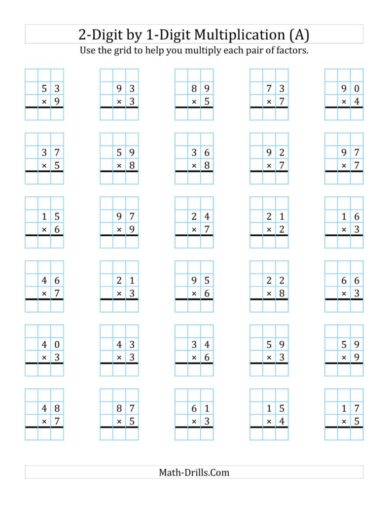 2 Digit1 Digit Multiplication With Grid Support (A) Throughout Multiplication Worksheets On Graph Paper