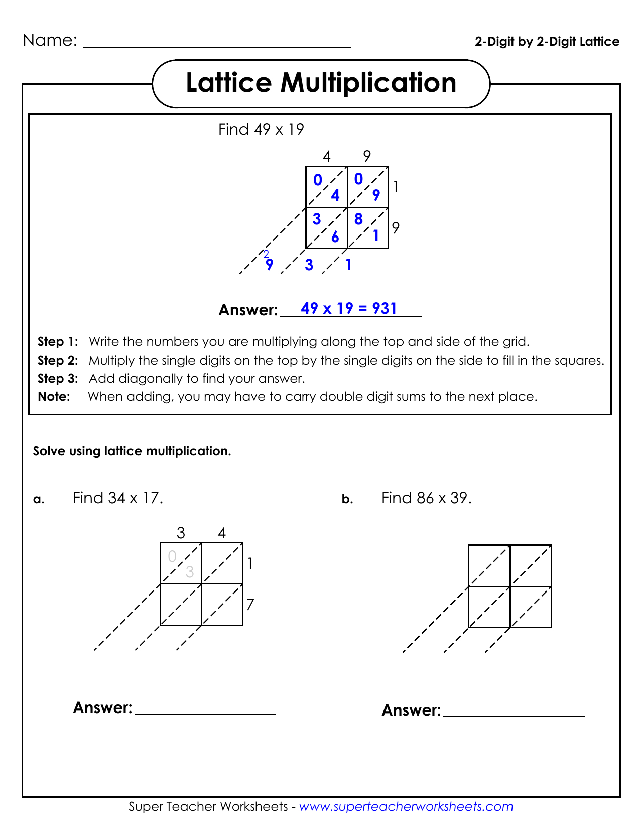 multiplication worksheets lattice method