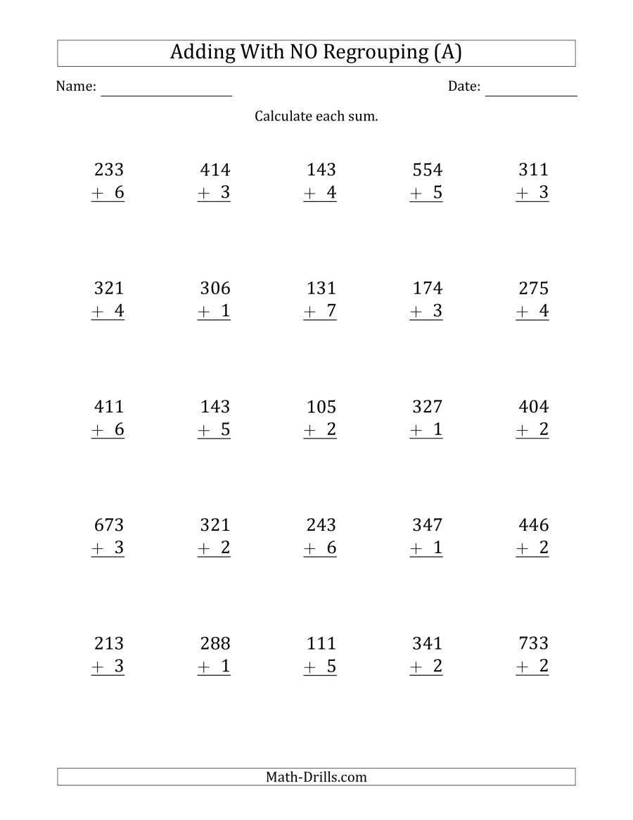 3-Digit Plus 1-Digit Addition With No Regrouping (A) throughout Multiplication Worksheets 3 Digit By 1 Digit