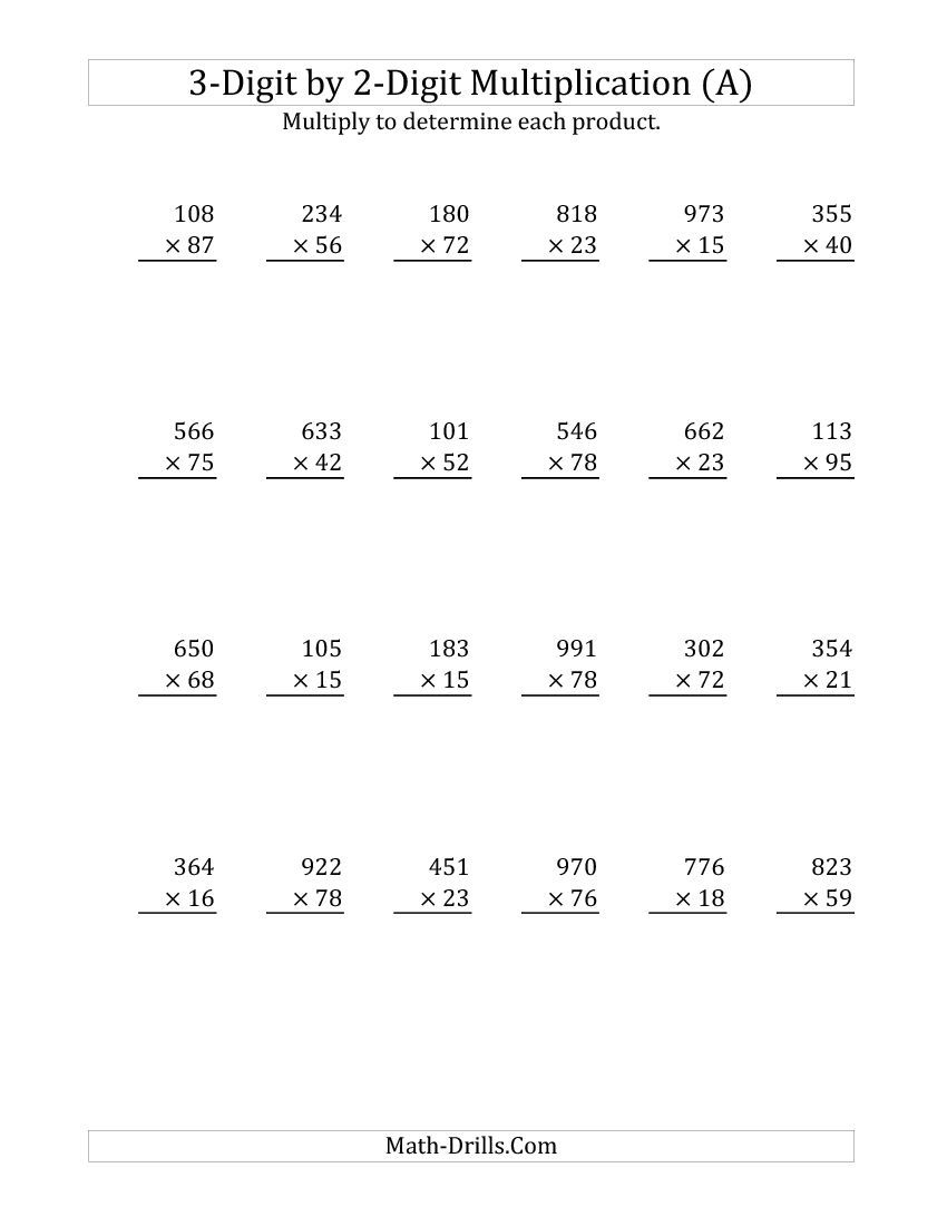 3-Digit2-Digit Multiplication (A) Math Worksheet pertaining to Multiplication Worksheets 3 Digit By 2 Digit Pdf