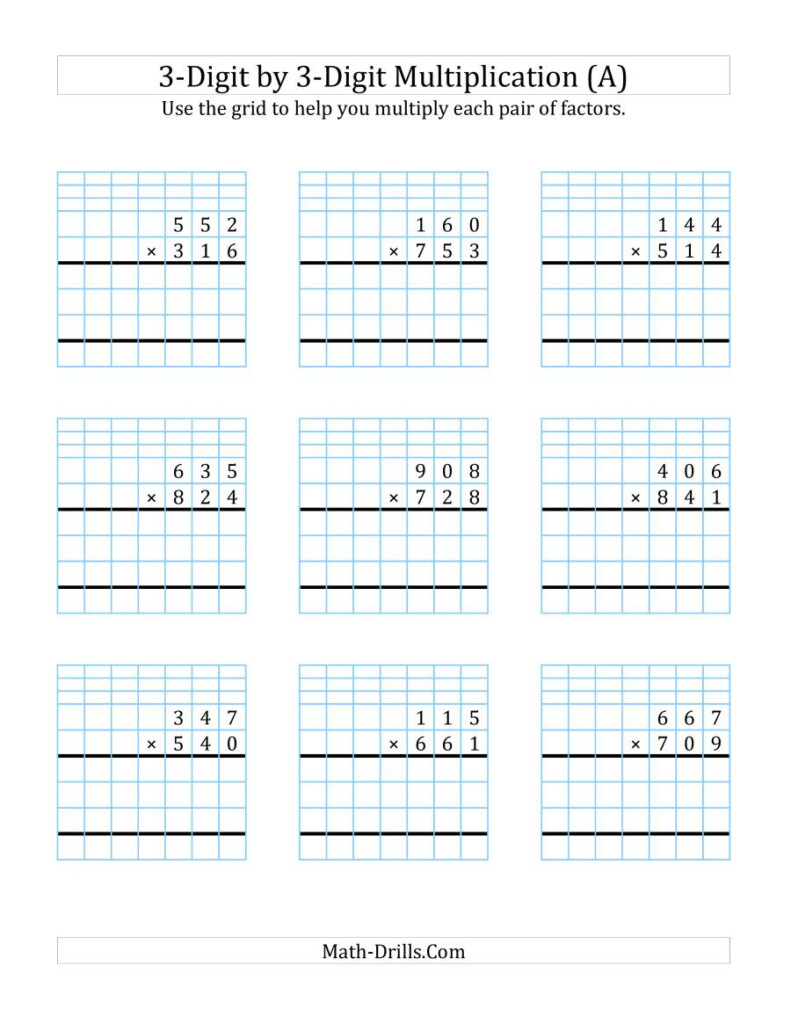 3 Digit3 Digit Multiplication With Grid Support (A) Intended For Printable 3 Multiplication Worksheets