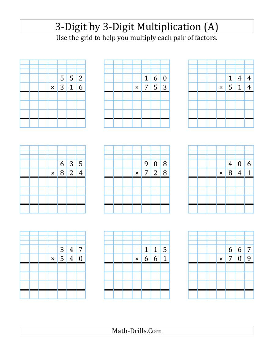 3-Digit3-Digit Multiplication With Grid Support (A) intended for Printable 3 Multiplication Worksheets