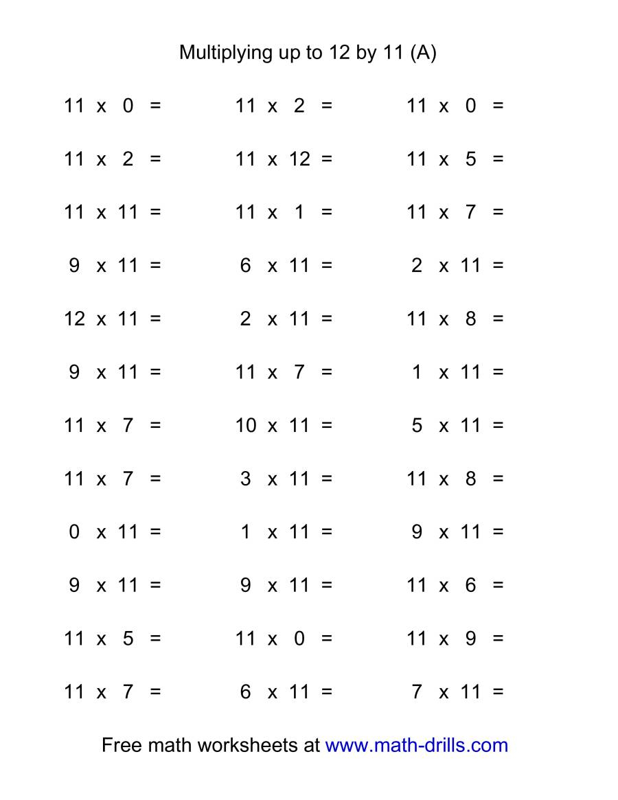 36 Horizontal Multiplication Facts Questions -- 110-12 (A) for Printable Multiplication Quiz 0-12