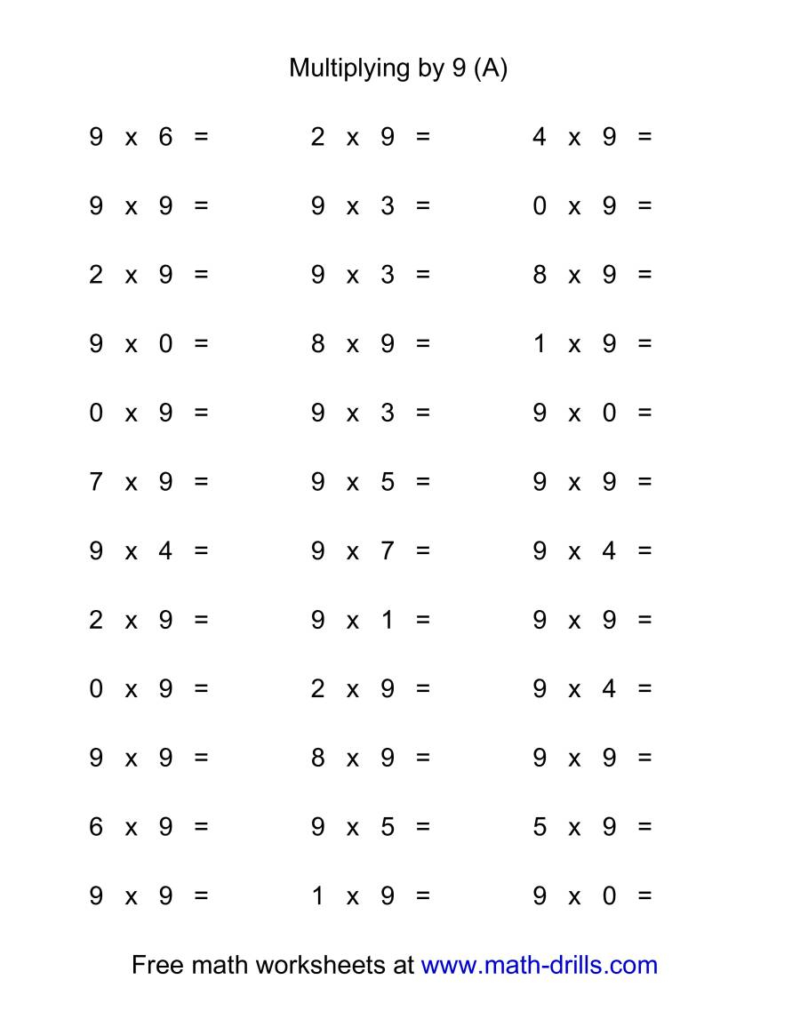 36 Horizontal Multiplication Facts Questions -- 90-9 (A) in Worksheets On Multiplication