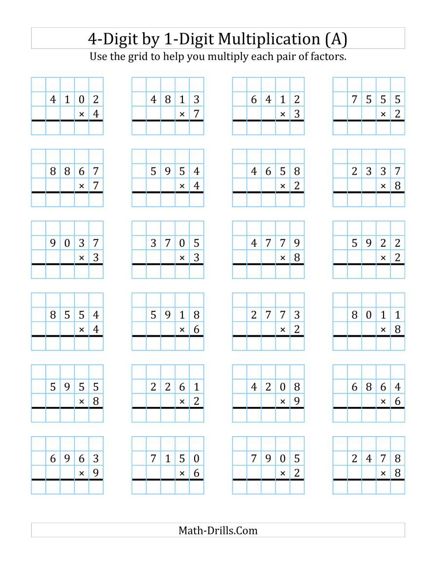 4-Digit1-Digit Multiplication With Grid Support (A) intended for Multiplication Worksheets 4 Digit By 1 Digit