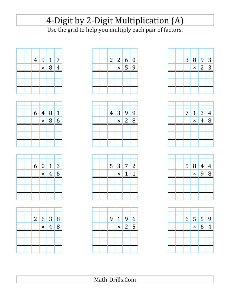 4-Digit2-Digit Multiplication With Grid Support (A) inside Multiplication Worksheets 4 Digits By 2