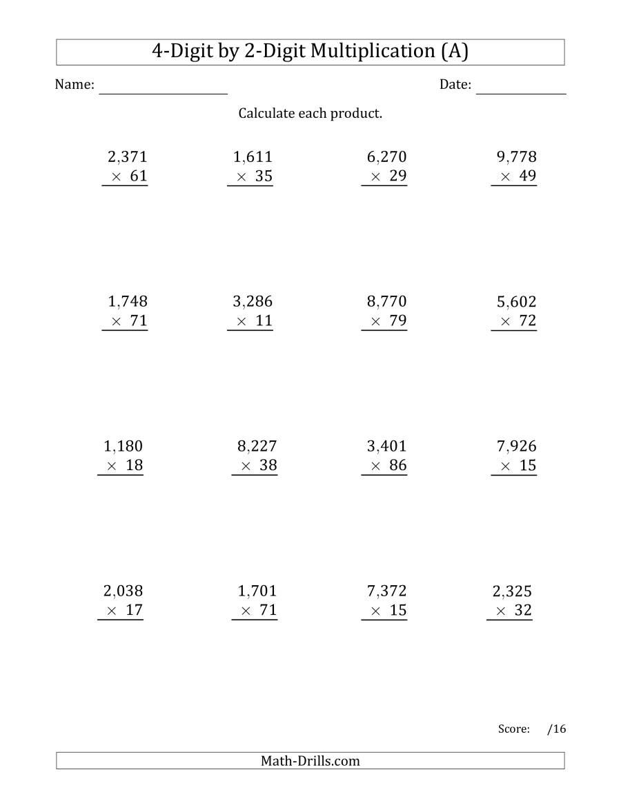 4 Digit2 Digit Multiplication Worksheets in Multiplication Worksheets Education.com