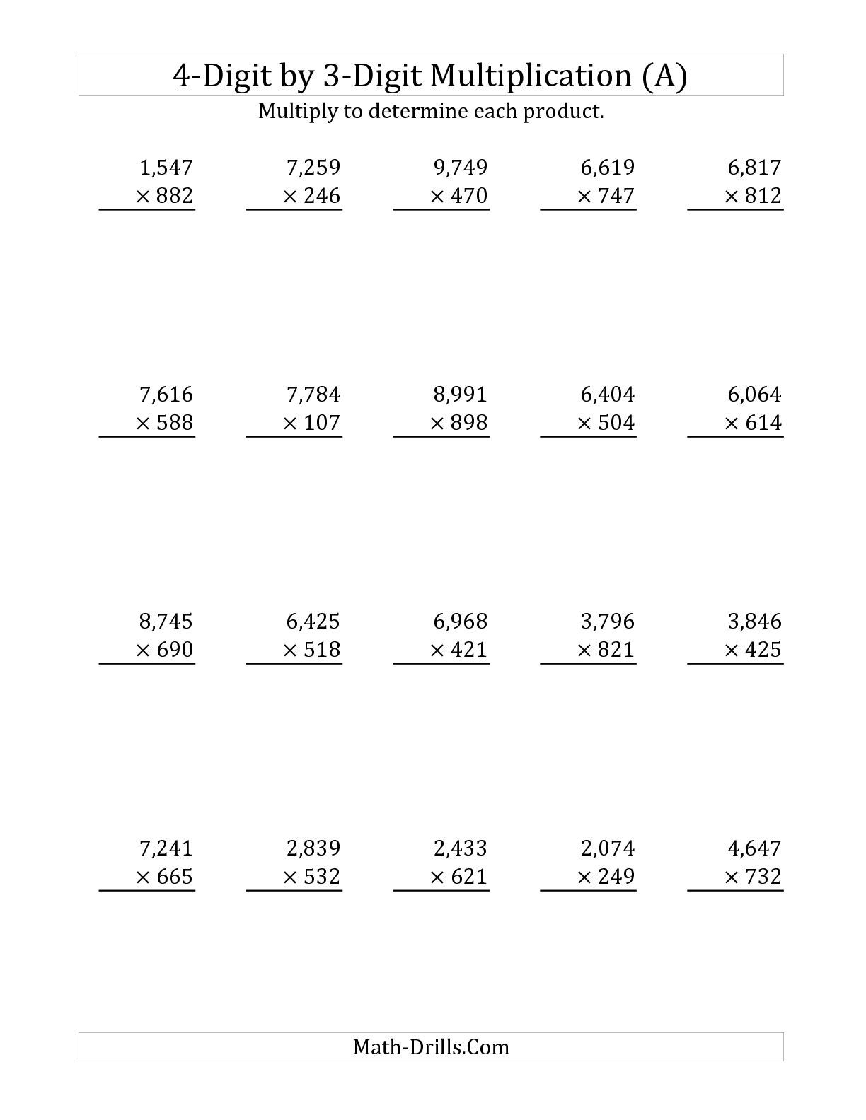 4-Digit3-Digit Multiplication (A) Math Worksheet within Multiplication Worksheets 5 Digits