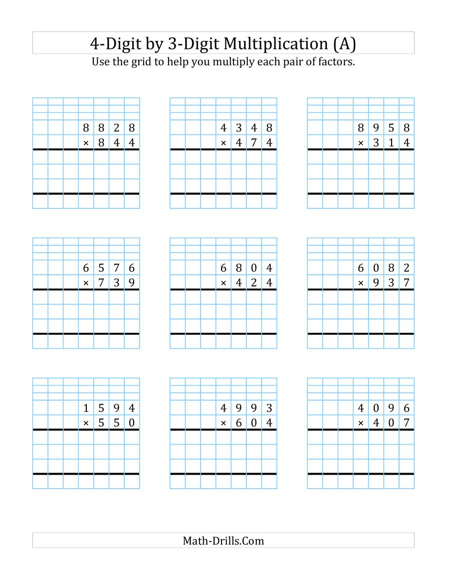 4-Digit3-Digit Multiplication With Grid Support (A) inside Printable Multiplication Worksheets 0-4