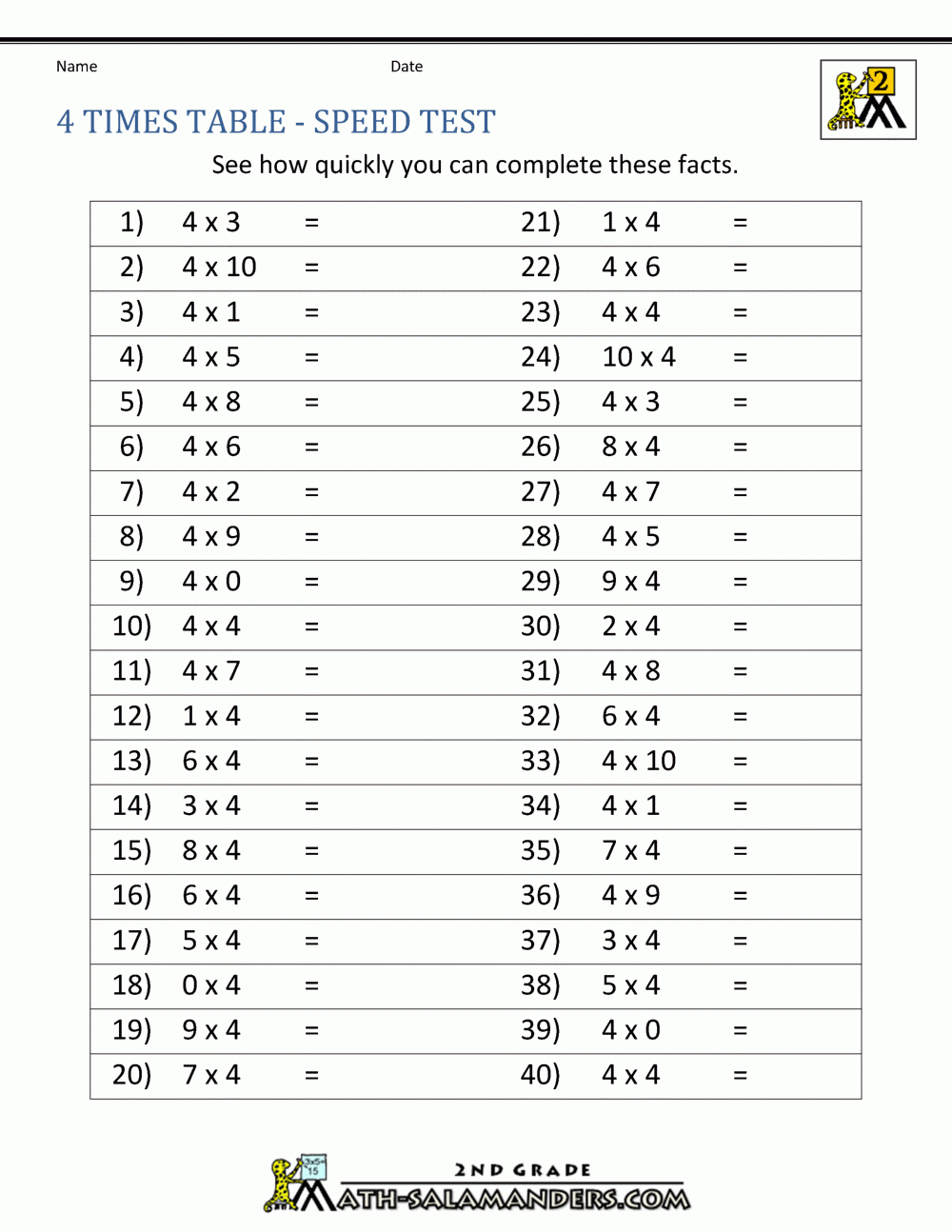 4 Times Table - 2Nd Grade Math Salamanders inside Printable Multiplication Worksheets 4's