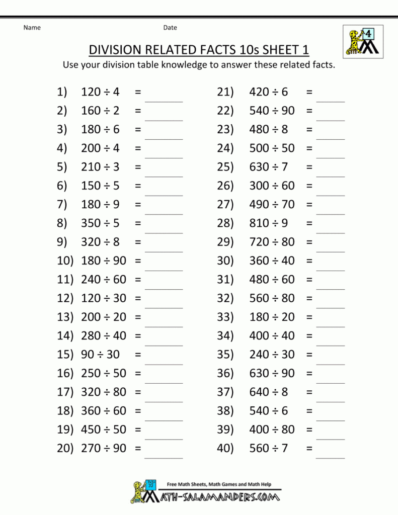 4Th Grade Division Facts | 4Th Grade Division Worksheets In Grade 4 Printable Multiplication Problems