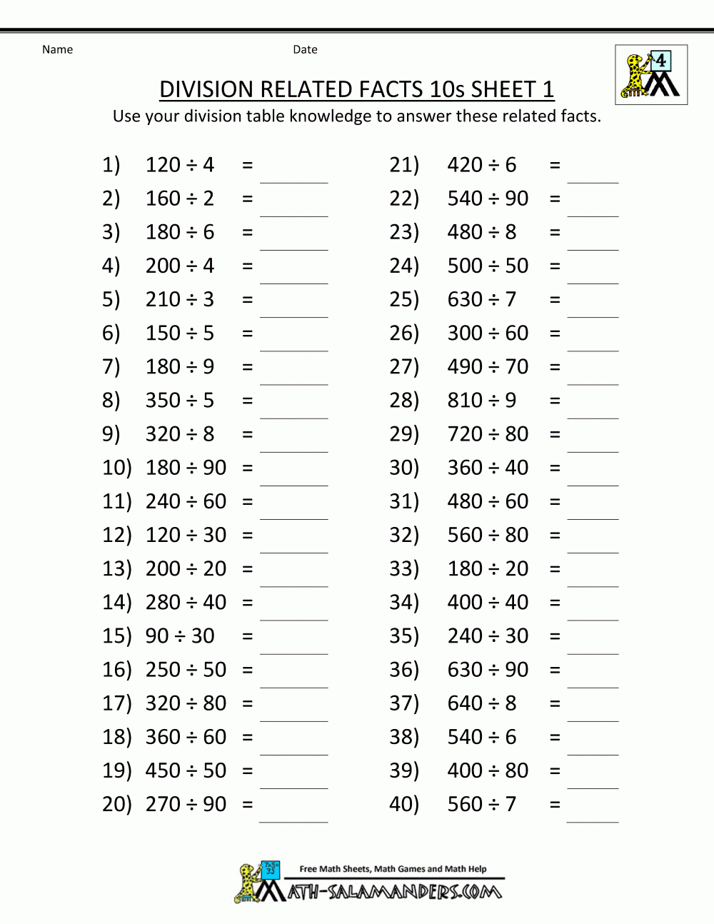 4Th Grade Division Facts | 4Th Grade Division Worksheets in Grade 4 Printable Multiplication Problems