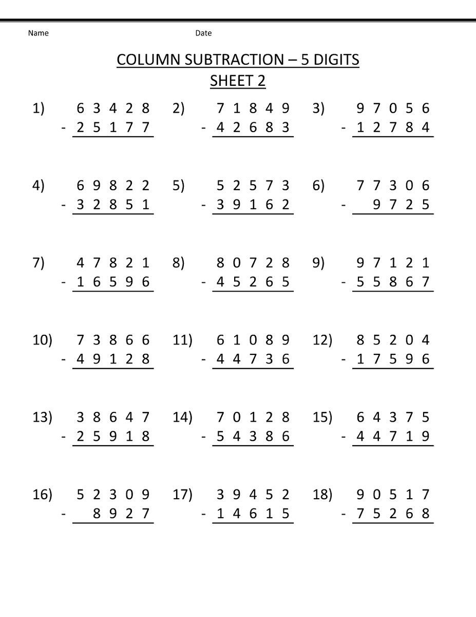 4Th Grade Math Worksheets - 5 Digits Column Subtraction | K5 pertaining to Multiplication Worksheets 5 Digits