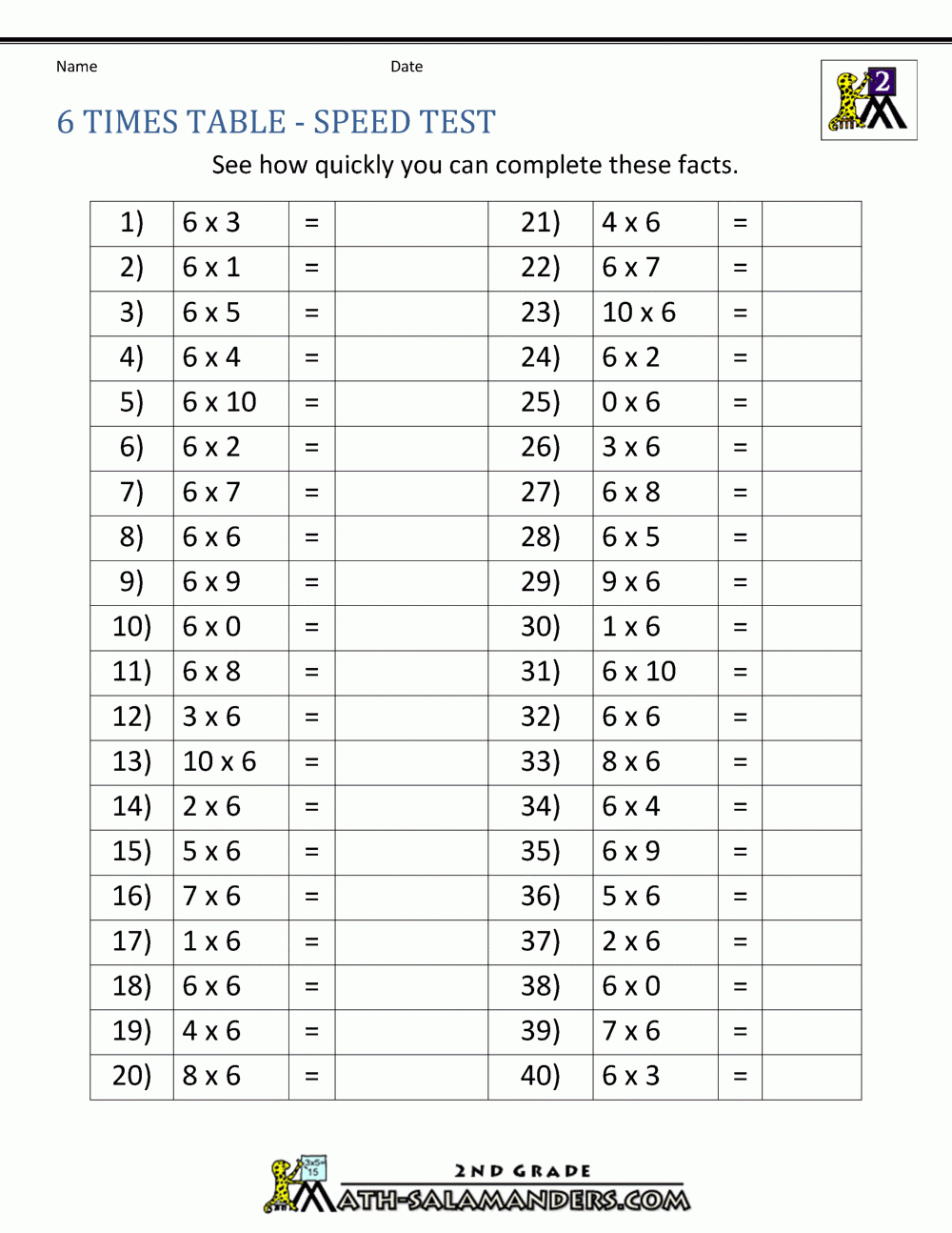 6 Times Table - 2Nd Grade Math Salamanders with regard to Free Printable 2&amp;#039;s Multiplication Worksheets