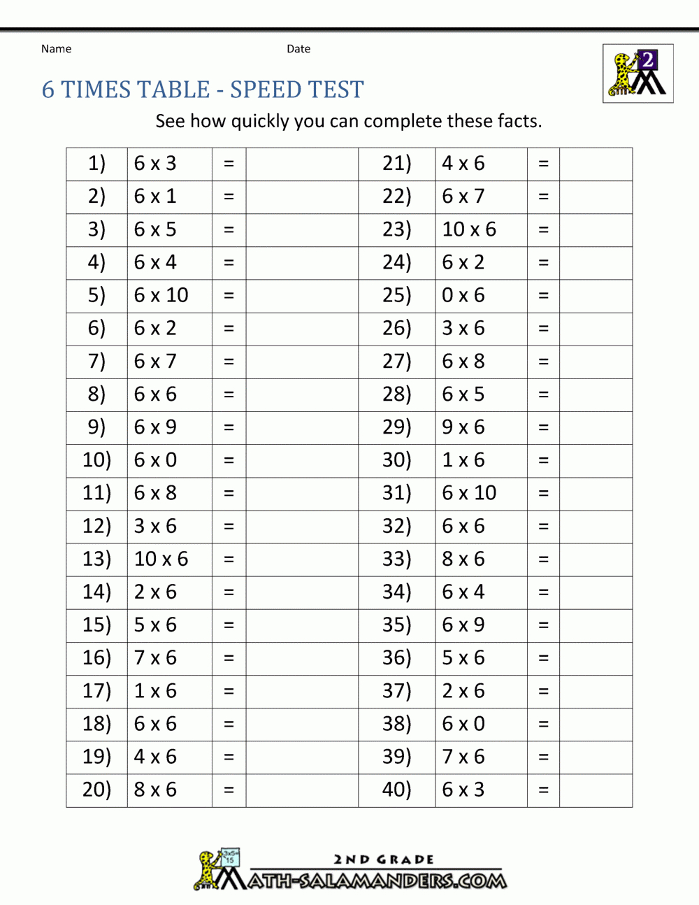 6 Times Table - 2Nd Grade Math Salamanders with regard to Free Printable 2's Multiplication Worksheets