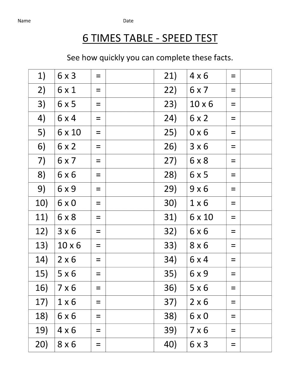 6 Times Table Worksheets Printable | Times Tables Worksheets inside Printable Multiplication Table 6