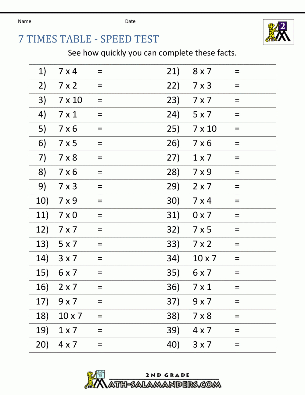 7 Times Table - 2Nd Grade Math Salamanders regarding Multiplication Worksheets 6 And 7 Times Tables