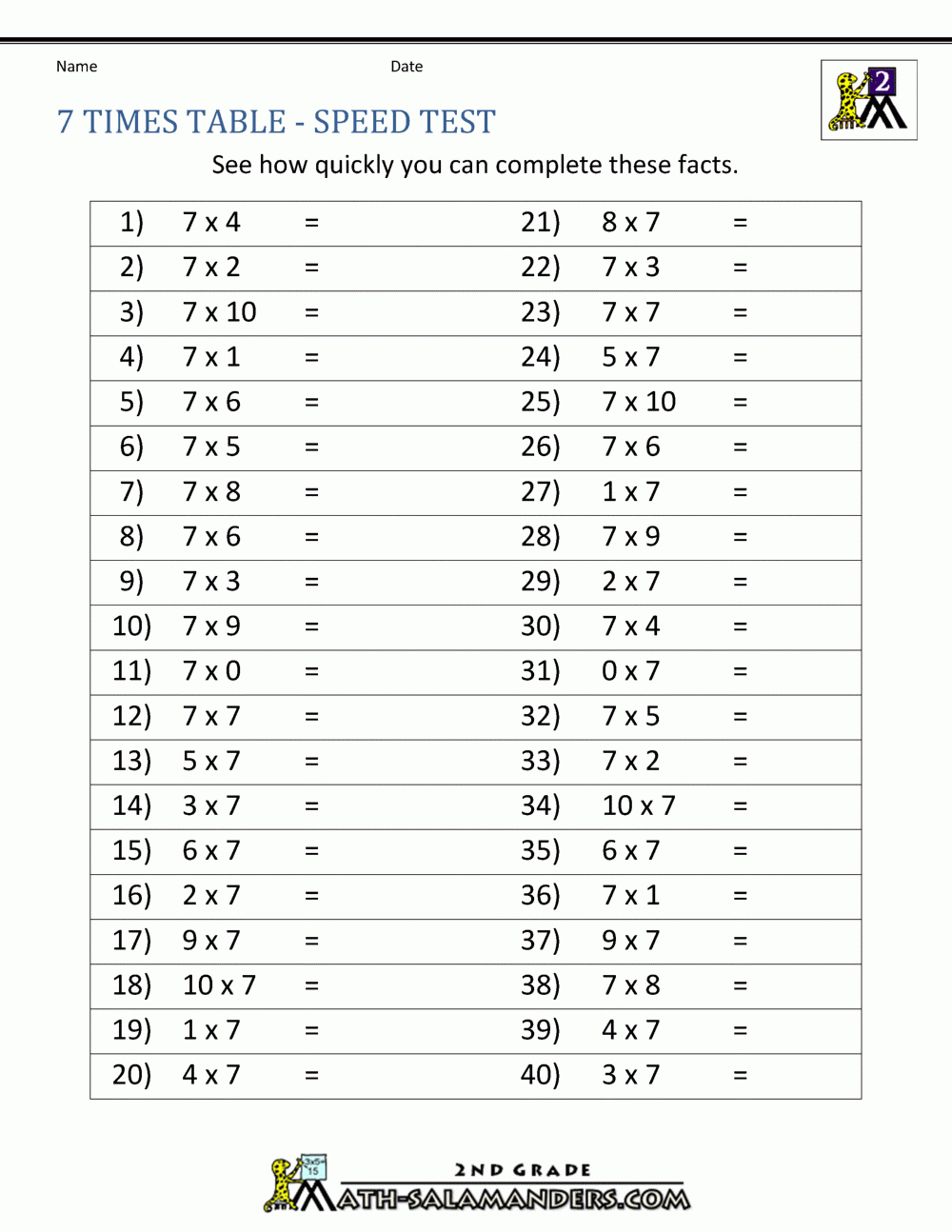 7 Times Table inside Printable 7 Multiplication Test