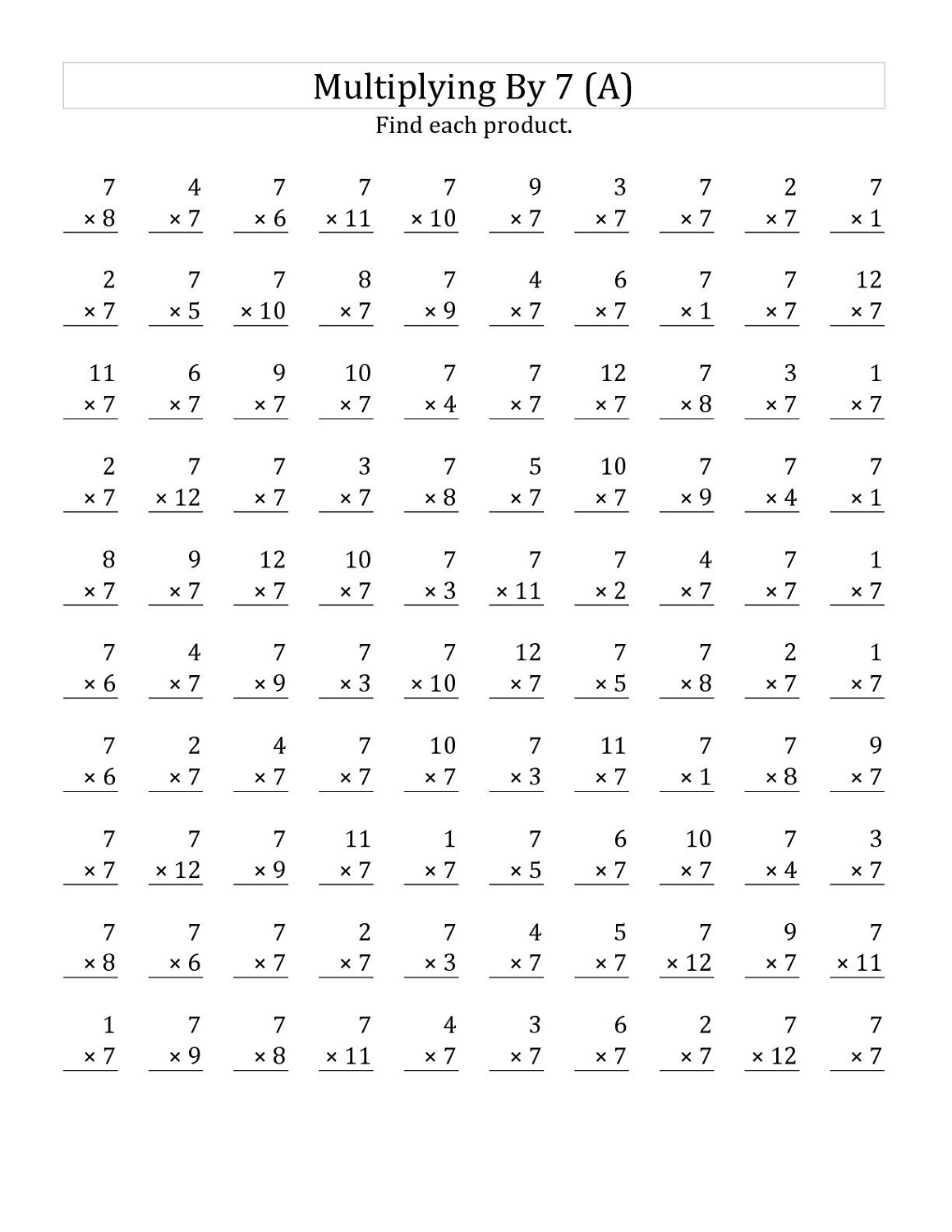 Multiplication Worksheets 7s