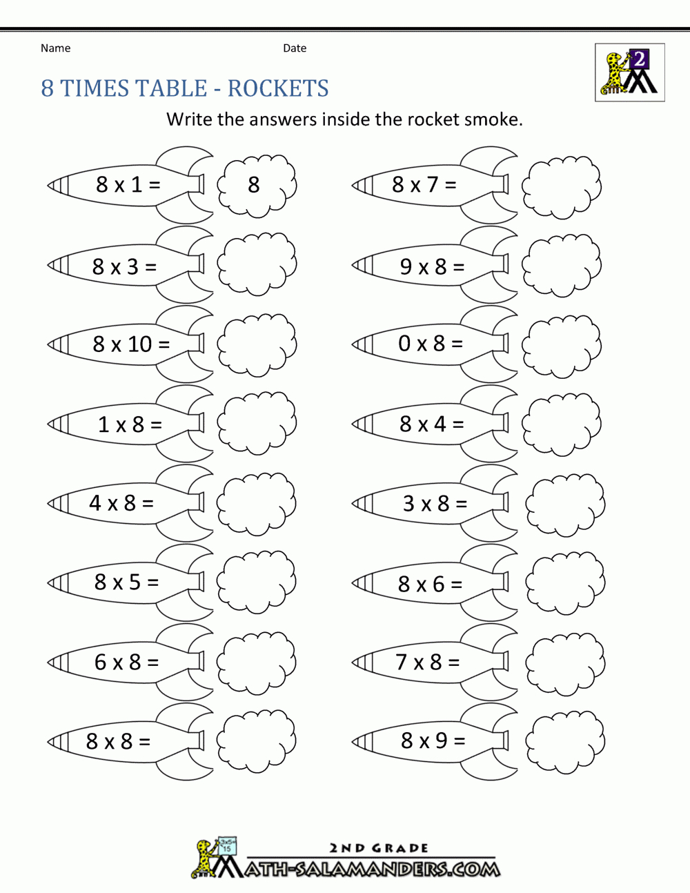 8 Times Table for Printable Multiplication By 8