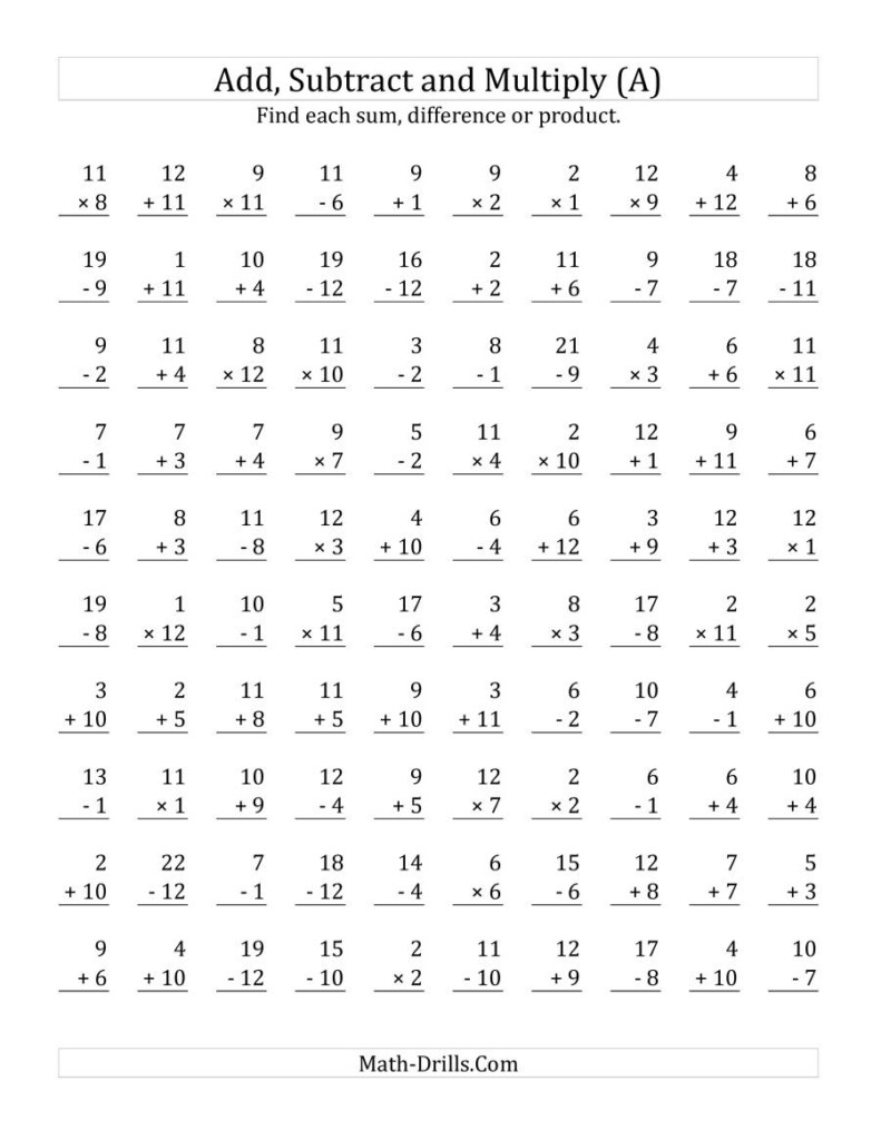 Adding, Subtracting And Multiplying With Facts From 1 To 12 (A) Inside Multiplication Worksheets Mixed Adding, Subtracting And Multiplying With Facts From 1 To 12 (A) Inside Multiplication Worksheets Mixed