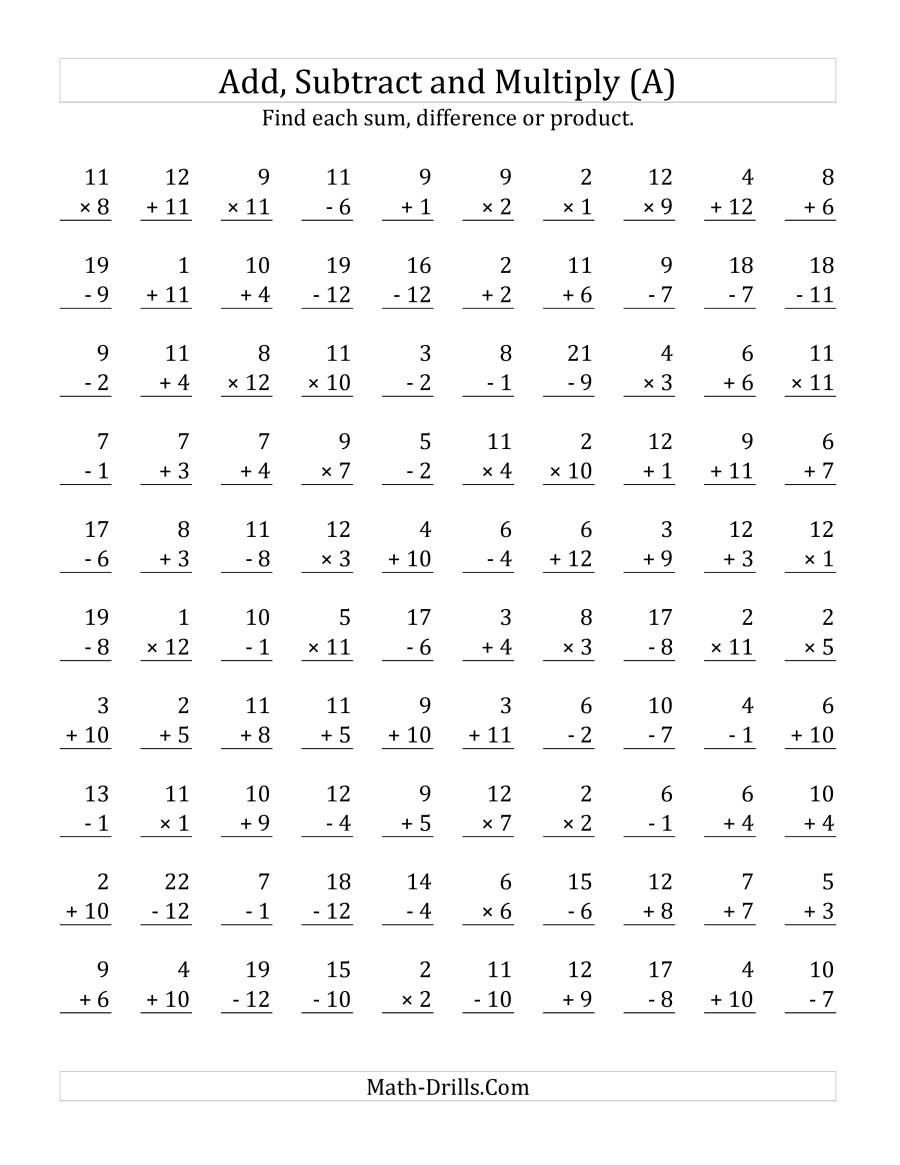 Adding, Subtracting And Multiplying With Facts From 1 To 12 (A) inside Multiplication Worksheets Mixed