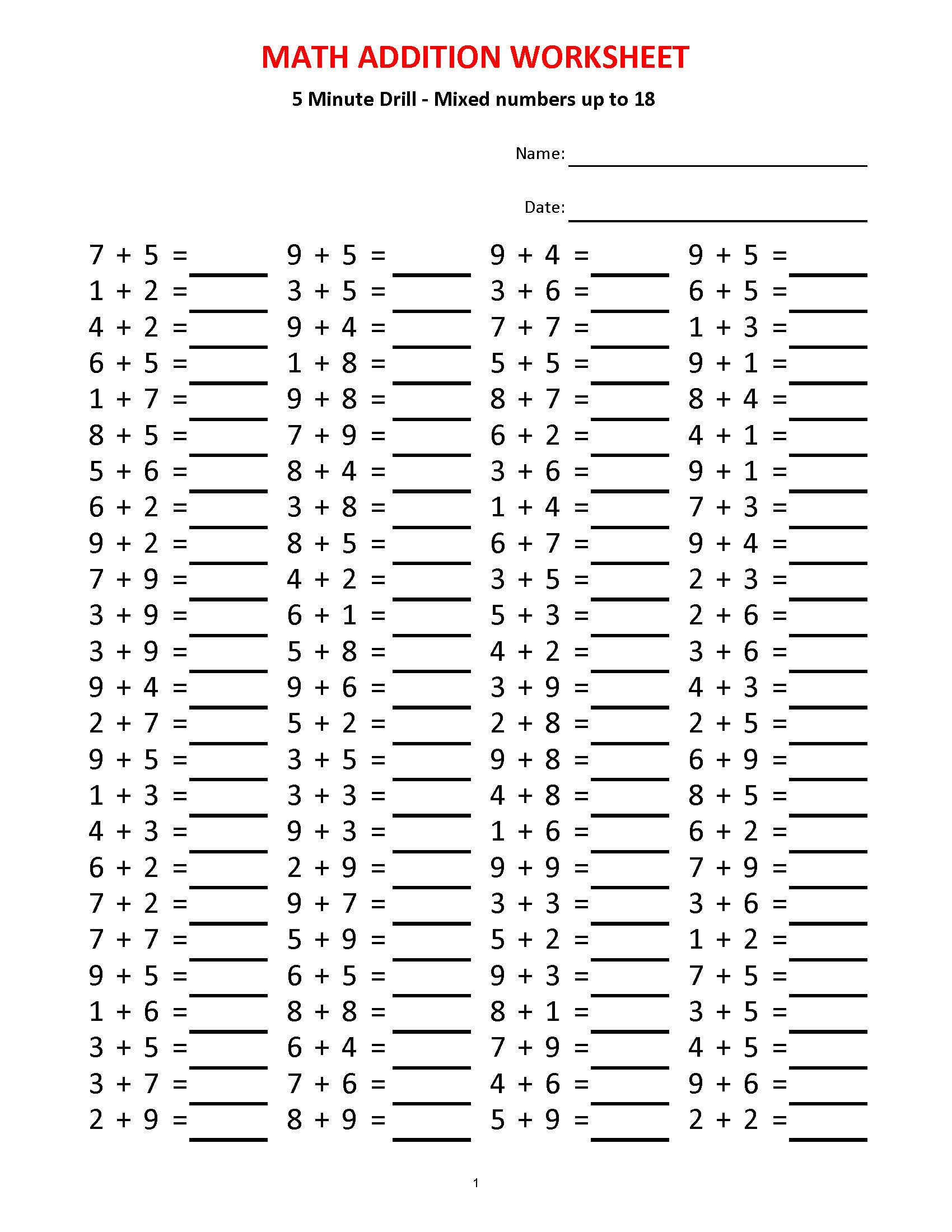 Addition 5 Minute Drill H 10 Math Worksheets With | Etsy within Multiplication Worksheets 5 Minute Drills