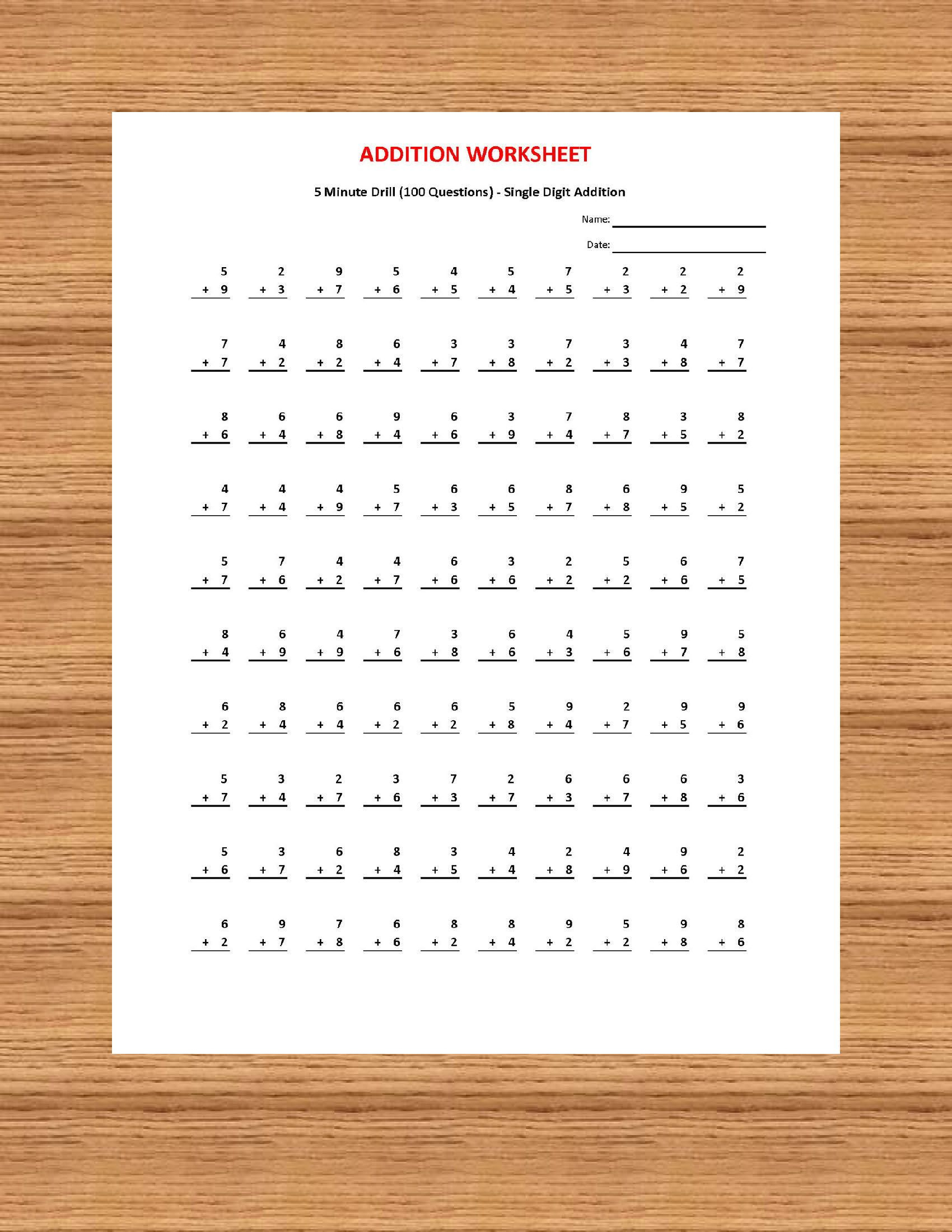 Addition 5 Minute Drill V (10 Math Worksheets With Answers within Printable Multiplication Worksheets Pdf