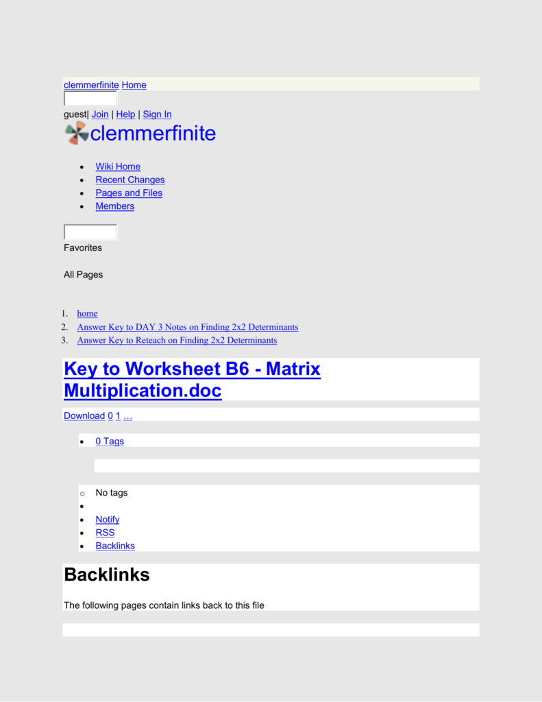 Clemmerfinite – Key To Worksheet B6 – Matrix Multiplication for Multiplication Worksheets Doc Clemmerfinite - Key To Worksheet B6 - Matrix Multiplication for Multiplication Worksheets Doc