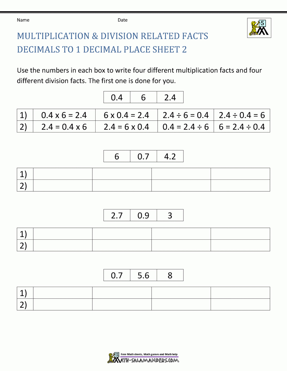 Decimal Division Worksheets inside Printable Multiplication And Division Worksheets