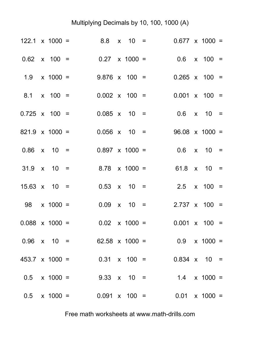 Decimal × 10, 100, Or 1000 (Horizontal; 45 Per Page) (A) throughout Multiplication Worksheets Multiples Of 10