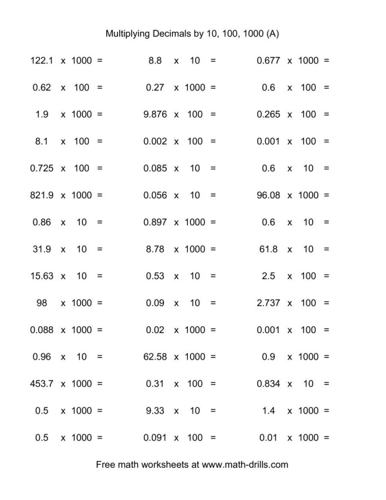 Decimal × 10, 100, Or 1000 (Horizontal; 45 Per Page) (A) with Multiplication X10 Worksheets