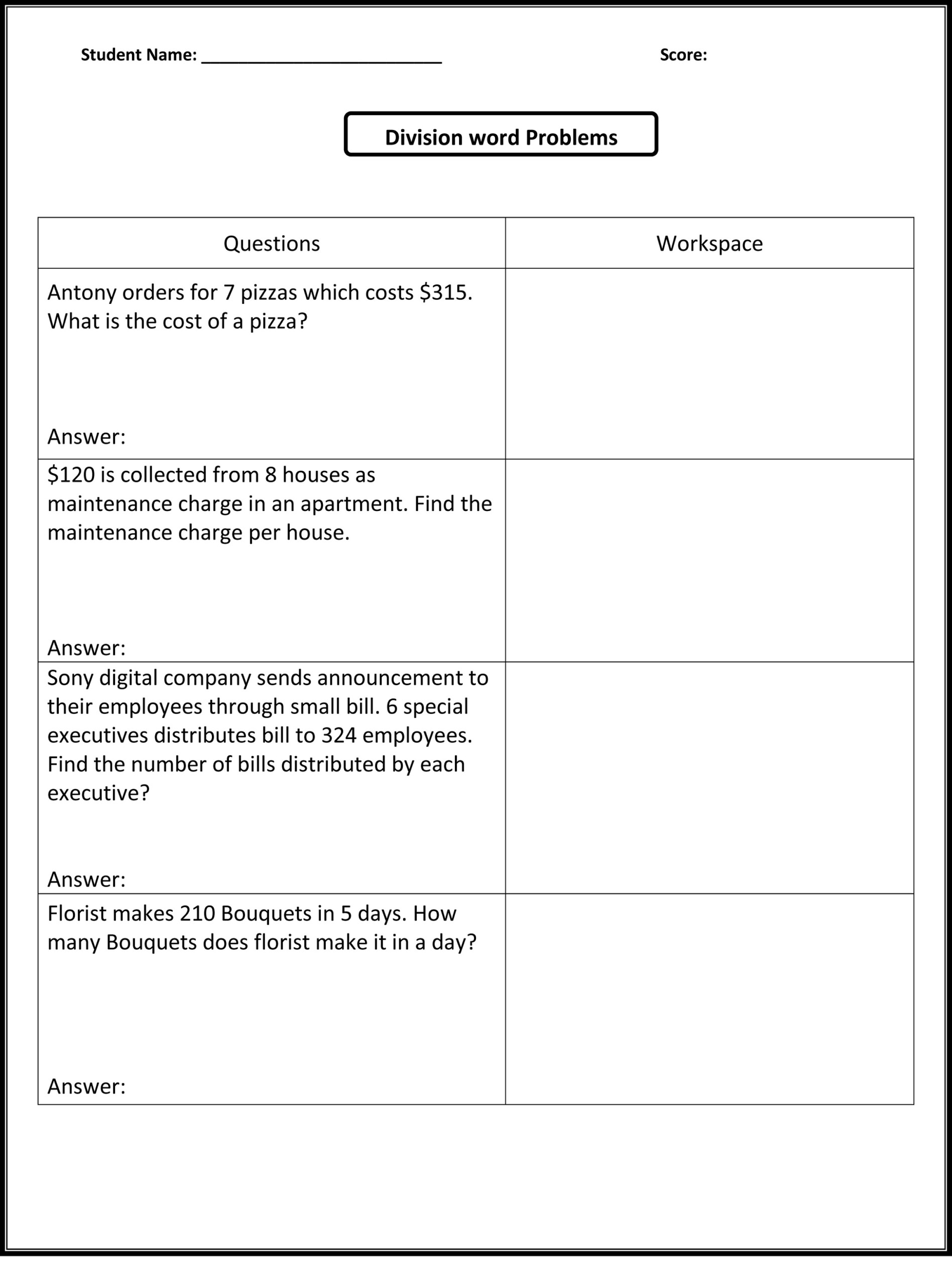 Fifth Grade Math Worksheets | Printable Shelter for Printable Multiplication And Division Word Problems