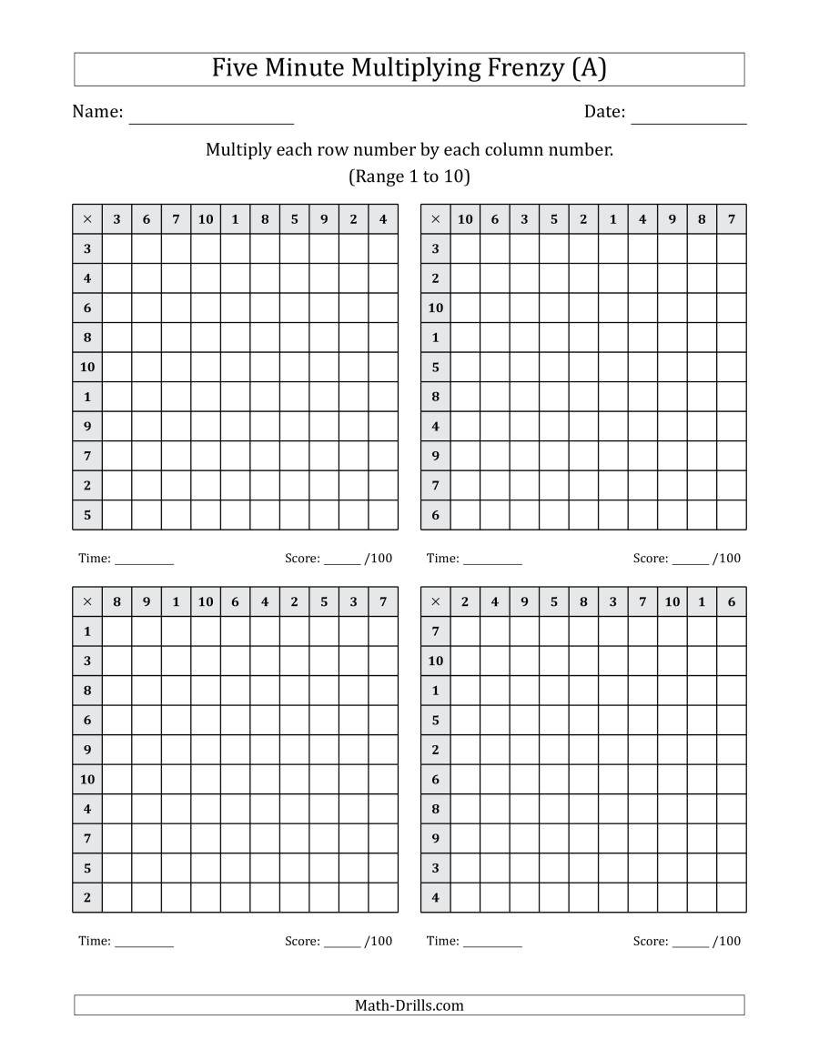 Five Minute Multiplying Frenzy (Factor Range 1 To 10) (4 with Multiplication Worksheets 5 Minute Drills