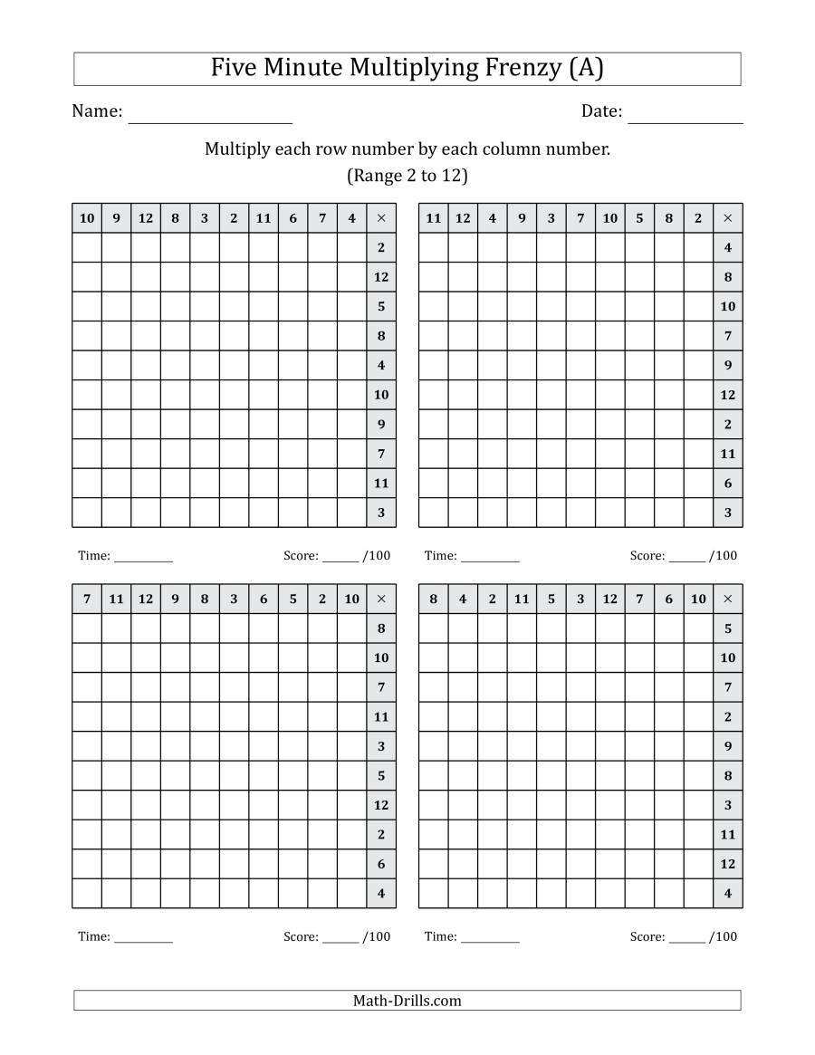 Five Minute Multiplying Frenzy (Factor Range 2 To 12) (4 throughout Printable 5 Minute Multiplication Drill