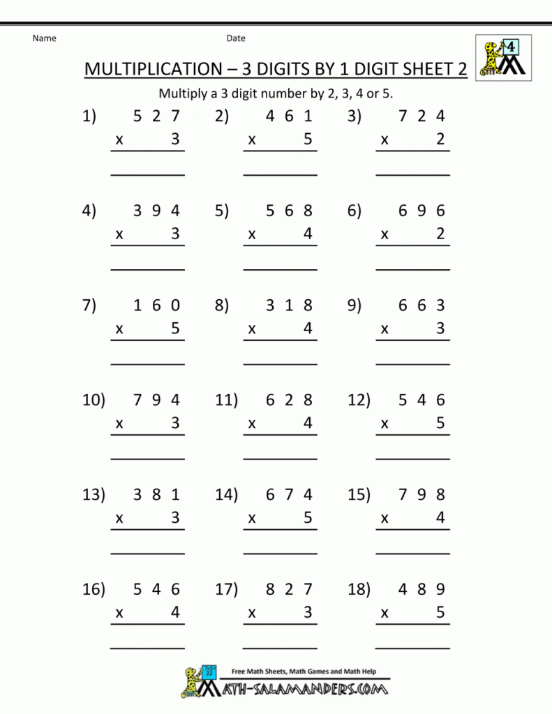 Free 4Th Grade Math Worksheets Multiplication 3 Digits1 Regarding Multiplication Worksheets Year 4