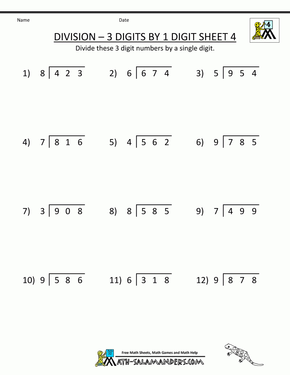 Free Math Work-Sheets Division 3 Digits1 Digit 4 (With inside Printable Multiplication And Division Worksheets Grade 4