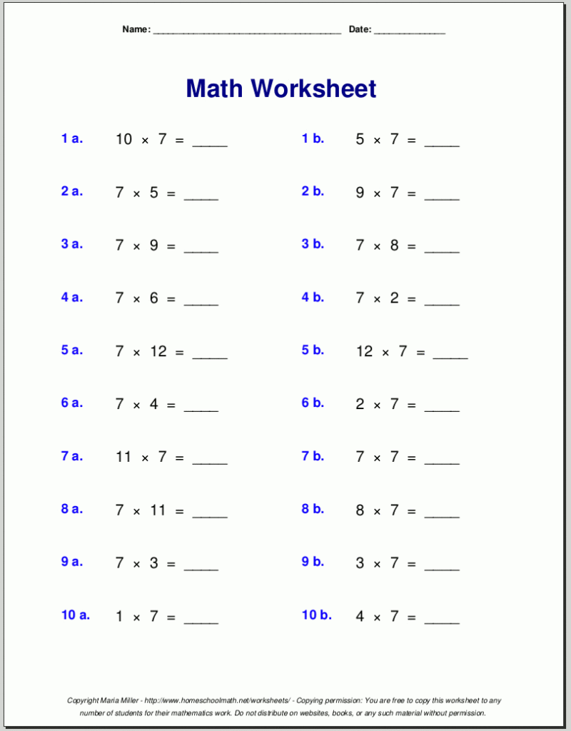 Free Math Worksheets Throughout 7's Multiplication Worksheets