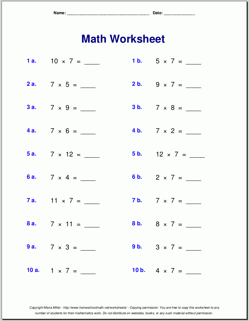 Free Math Worksheets throughout 7&amp;#039;s Multiplication Worksheets